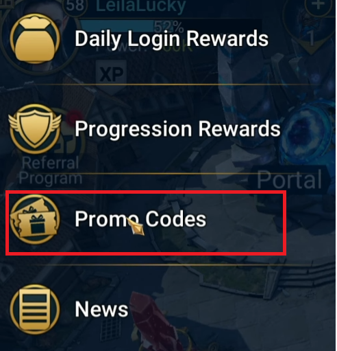 Promo Code Menu